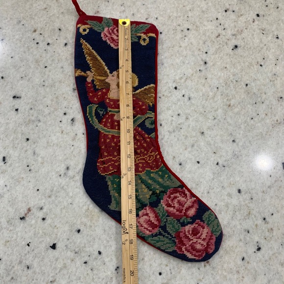 Vintage Needlepoint Christmas Stocking Angel with Trumpet Roses Red Velvet Back - Picture 2 of 3